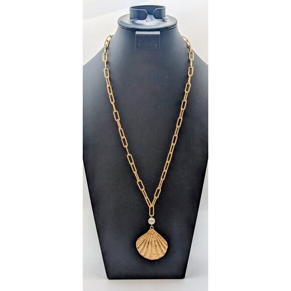Gold Tone Clam Shell Faux Pearl Paper Clip Long Chain 28.25"-31.25" Necklace - Picture 1 of 7